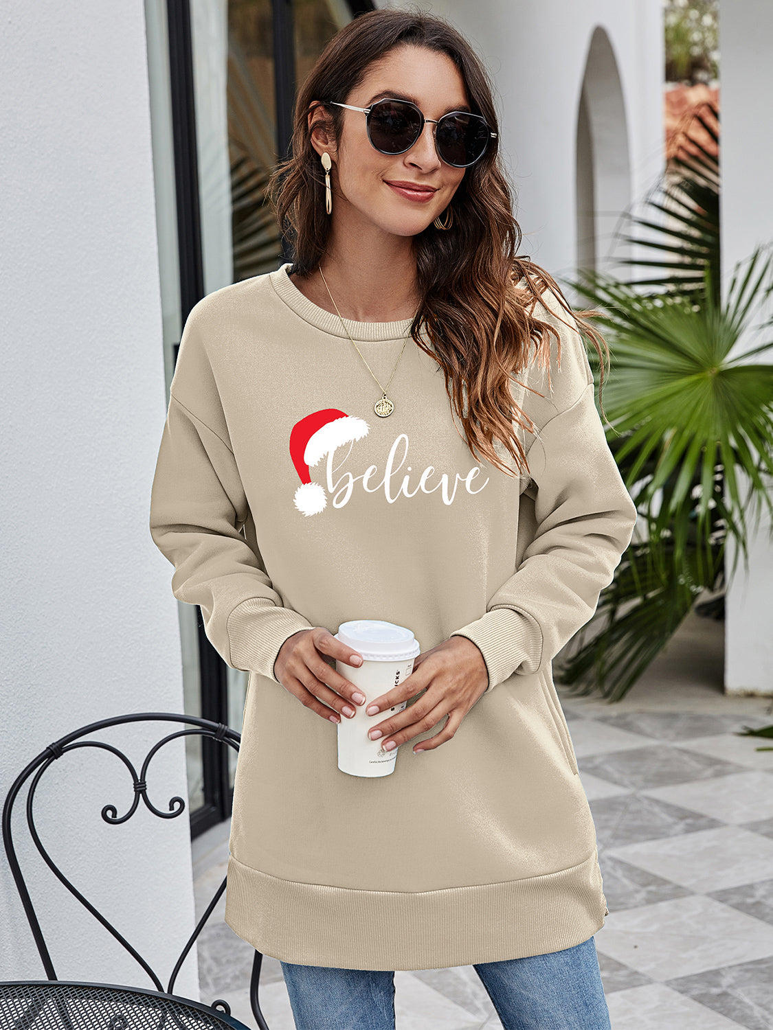 BELIEVE Graphic Tunic Sweatshirt Beige