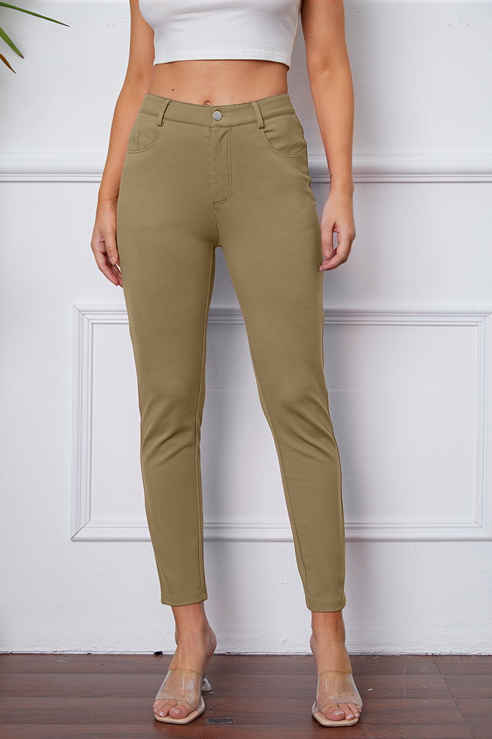 High Waist Stretchy Rayon Blend Pants Khaki