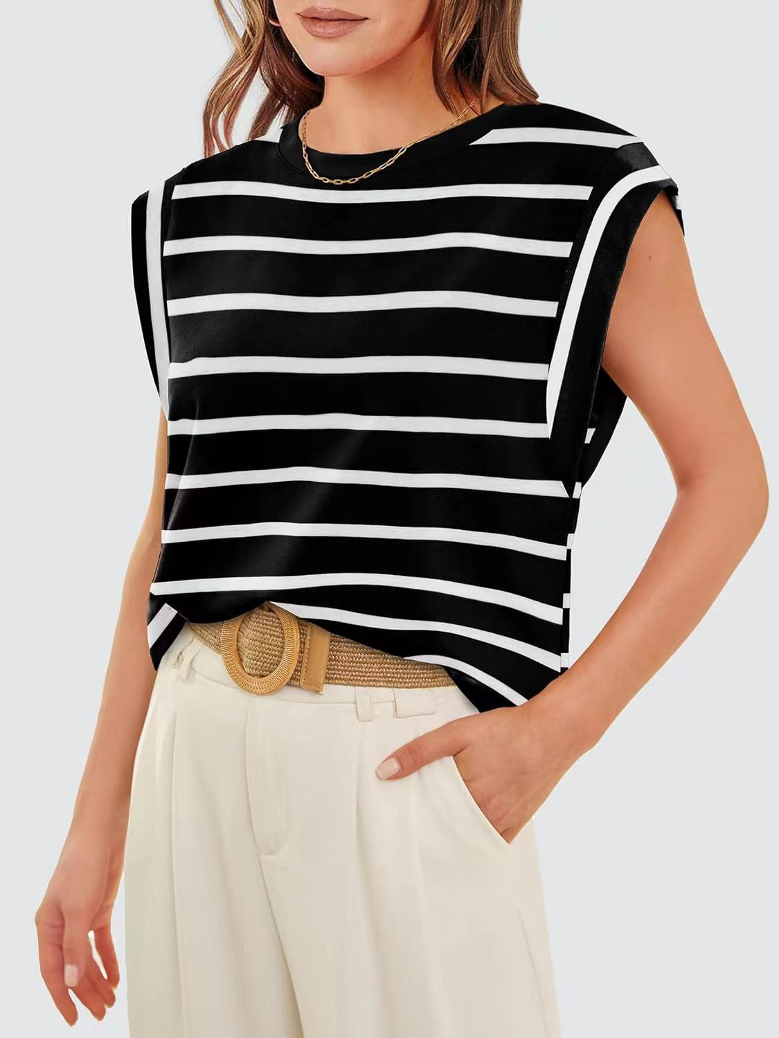 Striped Round Neck Cap Sleeve T-Shirt Black