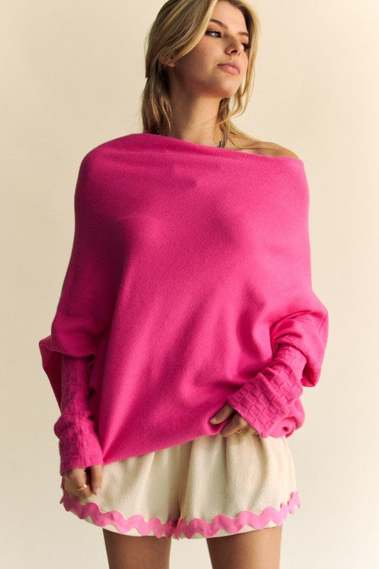 Davi & Dani Solid Color Batwing Sleeve Sweater Hot Pink