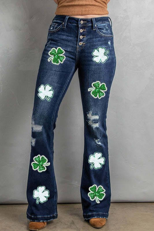 Distressed Lucky Clover Sequin Jeans Medium