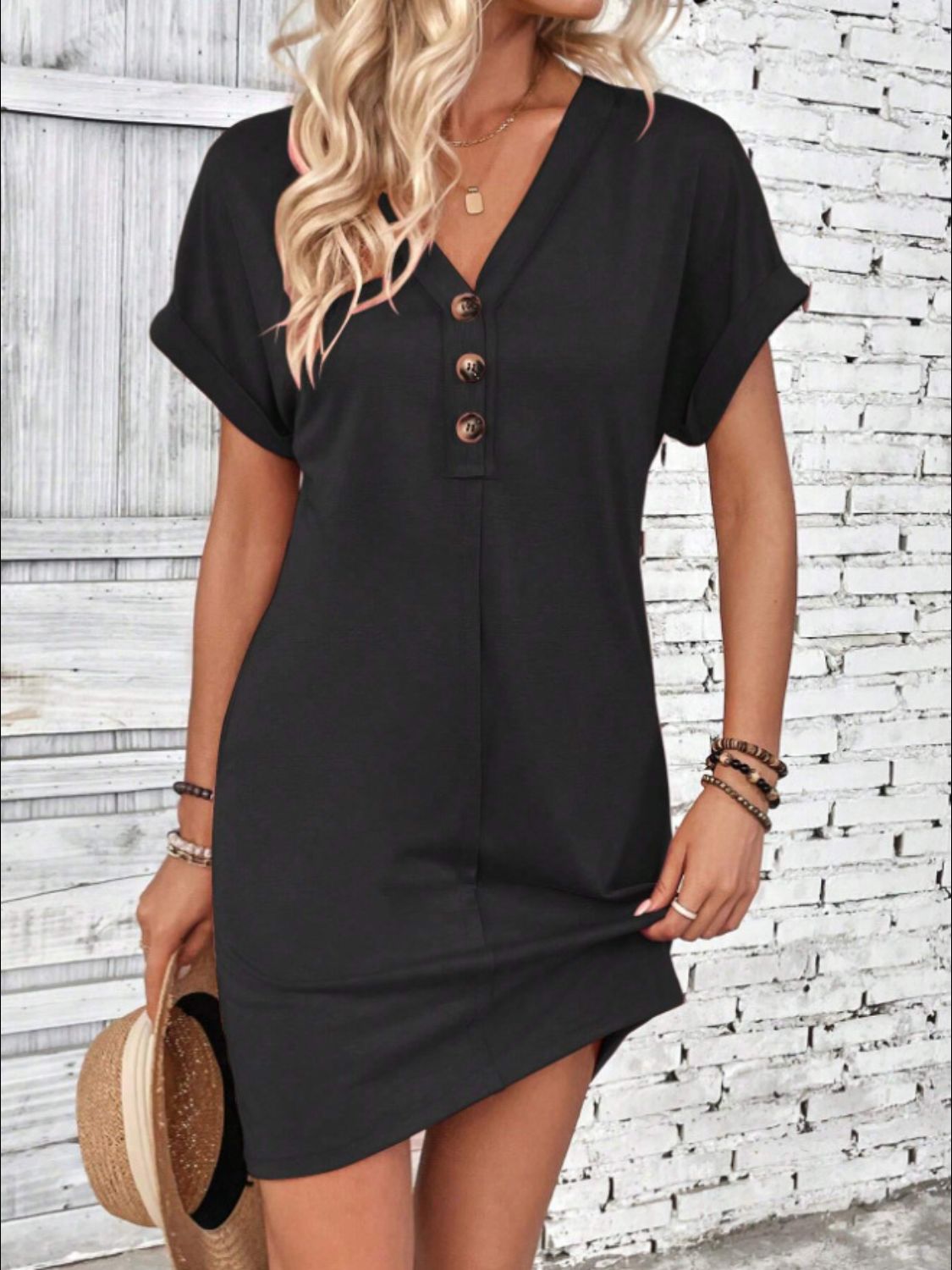 Quarter Button V-Neck Short Sleeve Dress Black