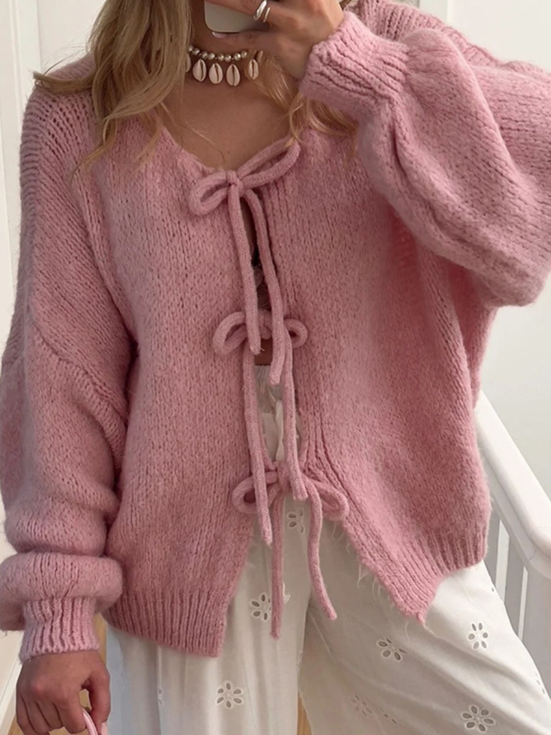 Tied Long Sleeve Dropped Shoulder Cardigan Dusty Pink