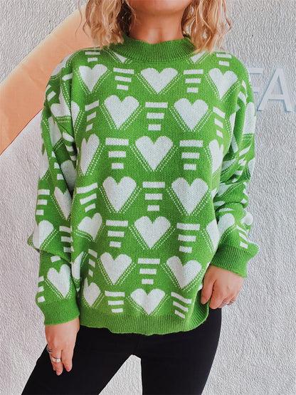 Heart Contrast Long Sleeve Dropped Shoulder Sweater Neon Green One Size