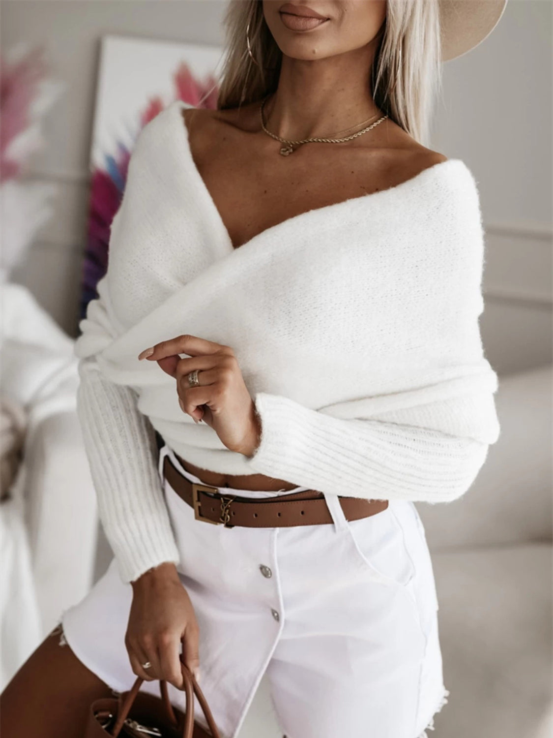 Long Sleeve Cropped Knit Top White One Size