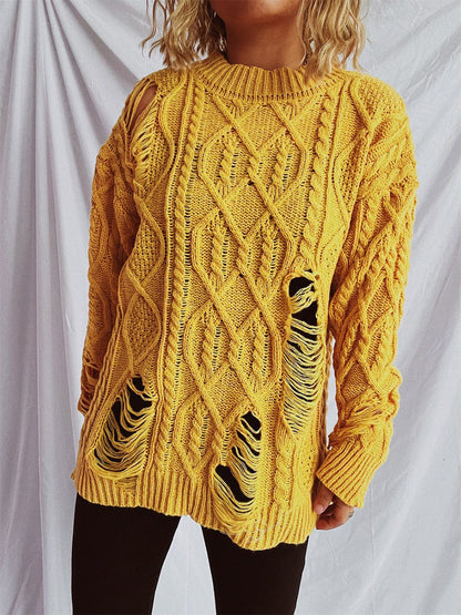 Distressed Cable-Knit Round Neck Long Sleeve Sweater