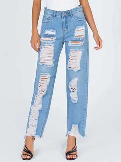 Raw Hem Distressed Straight Jeans Light