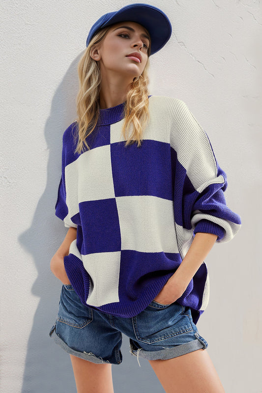 Double Take Slit Color Block Mock Neck Batwing Sleeve Sweater Indigo