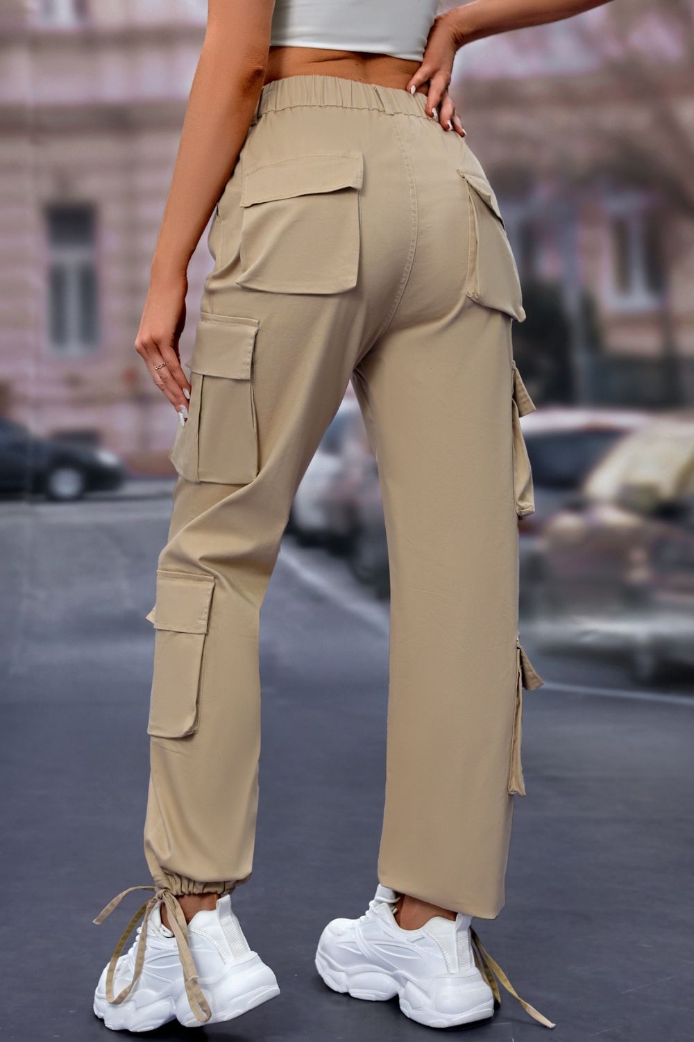 Elastic Waist Cargo Pants Tan