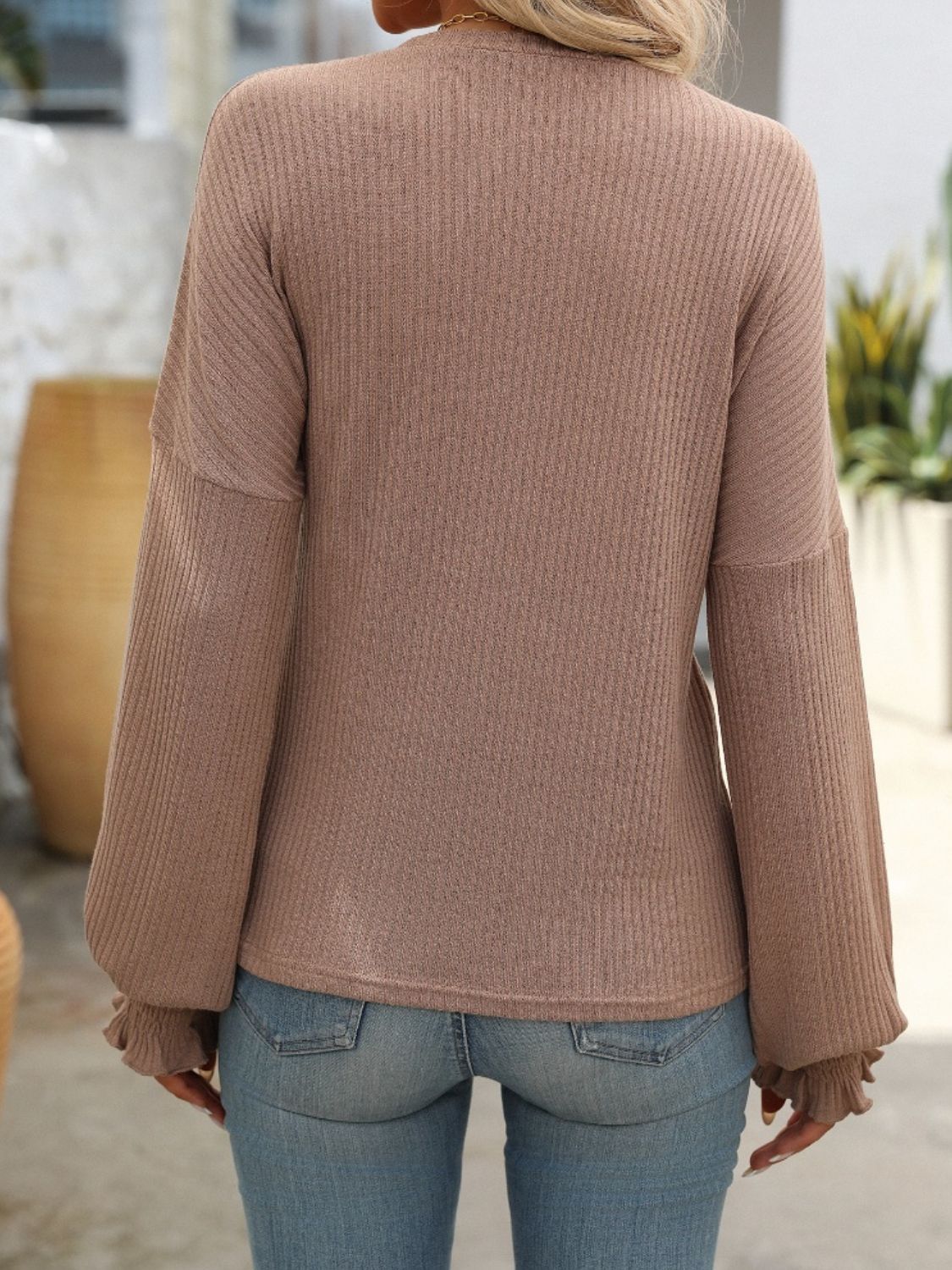 Mandy Ribbed Round Neck Long Sleeve T-Shirt