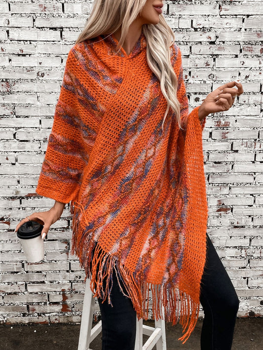 Fringe Contrast Hooded Poncho Terracotta One Size