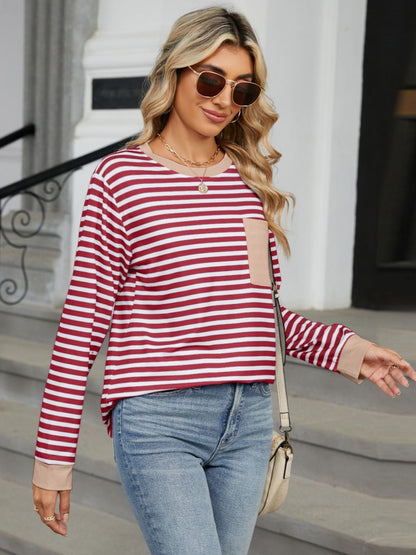 Back-to-School Striped Pocket Tee Deep Red