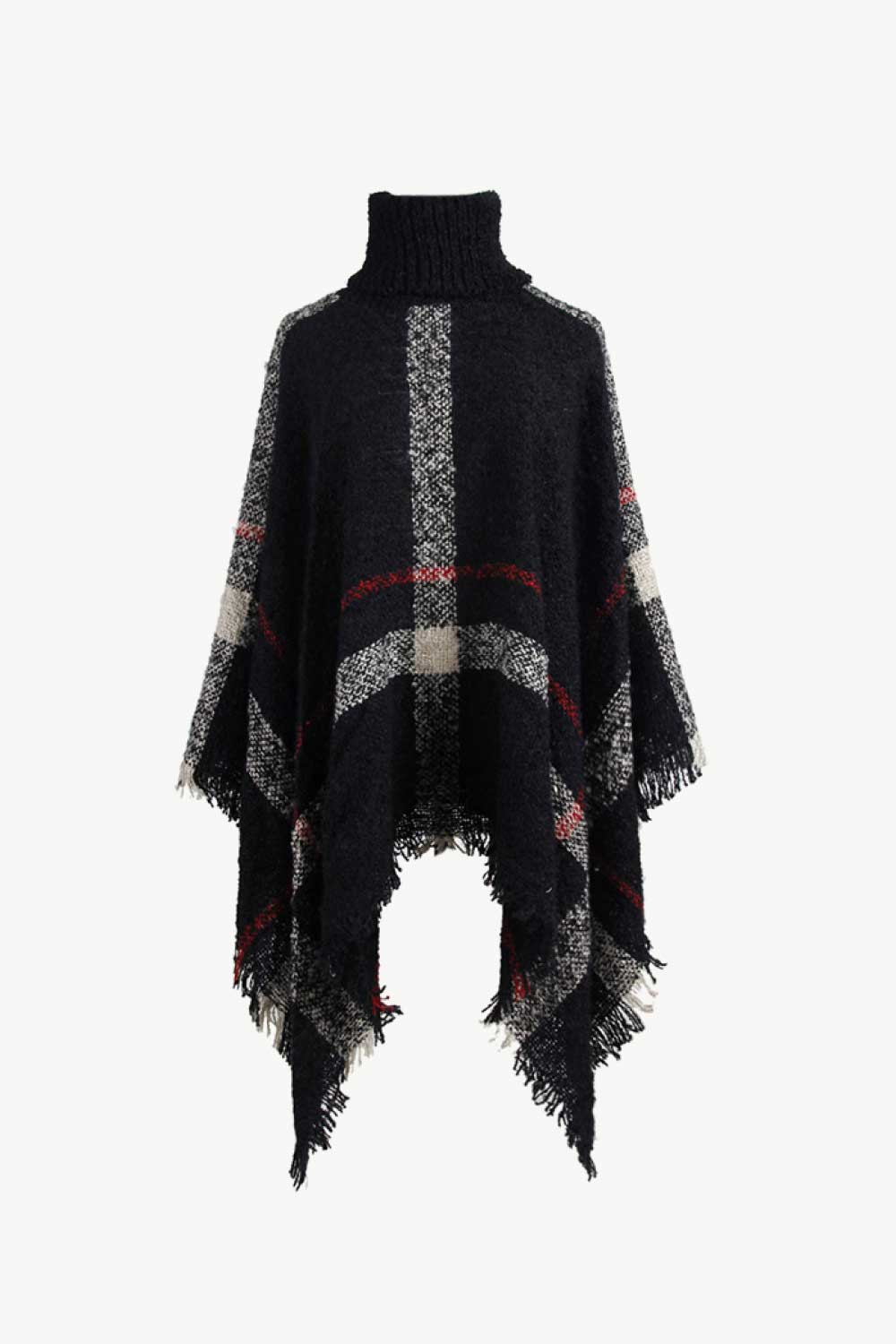 Plaid Turtleneck Raw Hem Poncho Black One Size