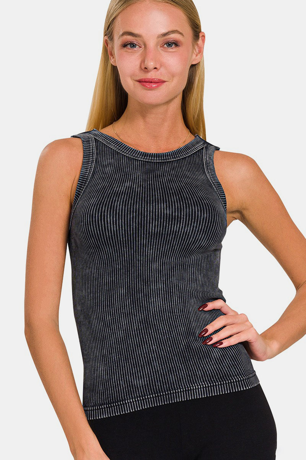 Zenana 2 Way Neckline Washed Ribbed Cropped Tank Black