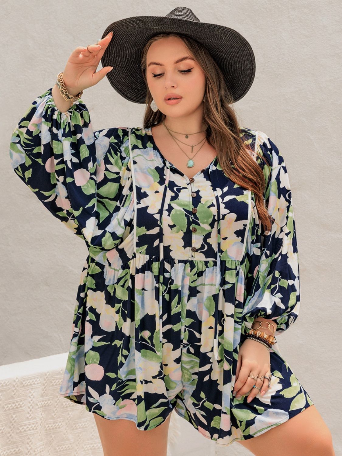 Plus Size Tied Printed Long Sleeve Romper Pastel Blue