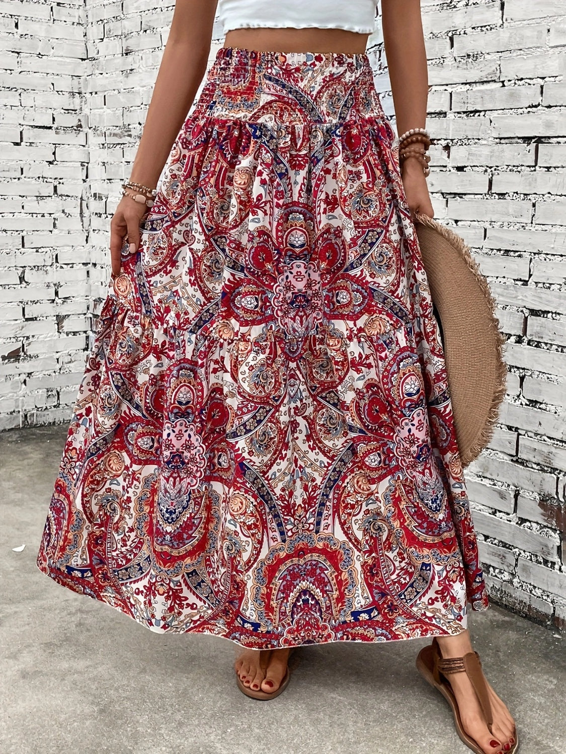 Printed Elastic Waist Maxi Skirt Deep Red