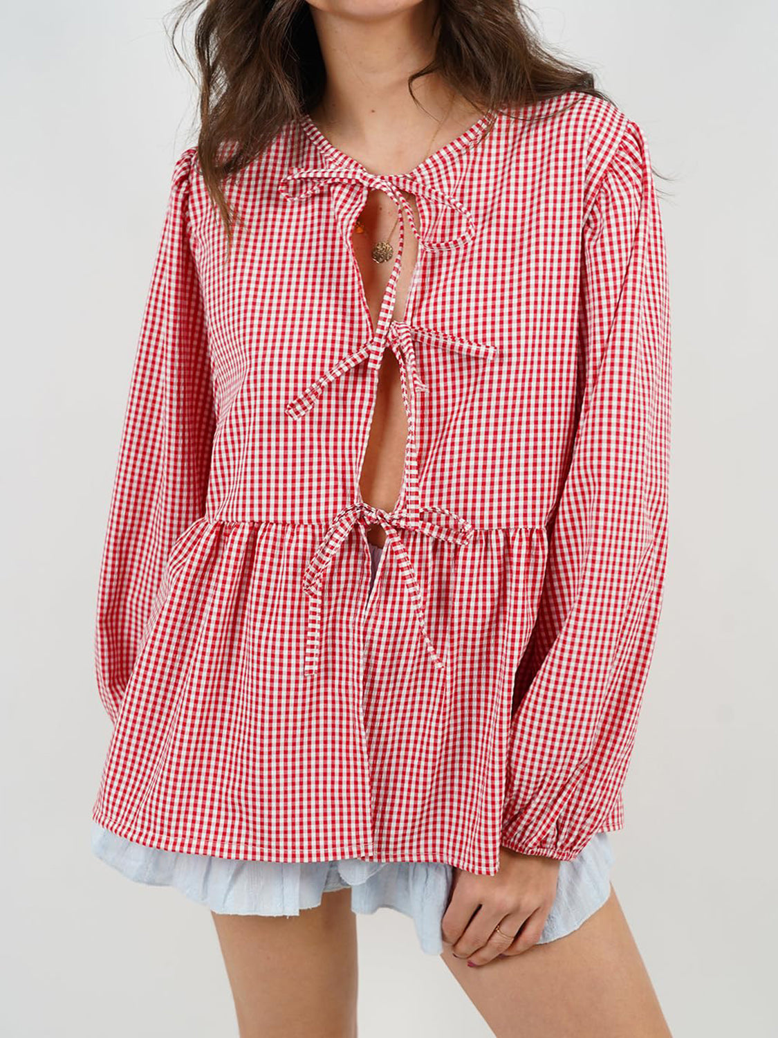 Tied Round Neck Long Sleeve Blouse Red