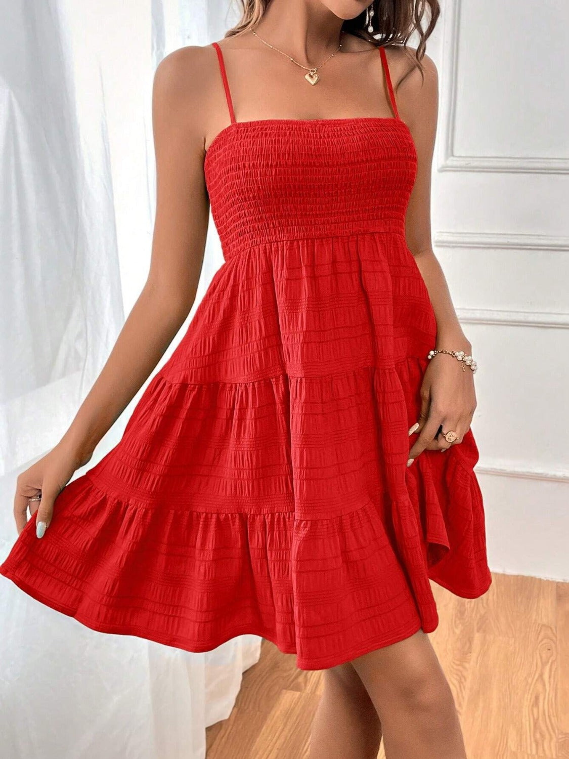 Tiered Smocked Square Neck Cami Dress Deep Red