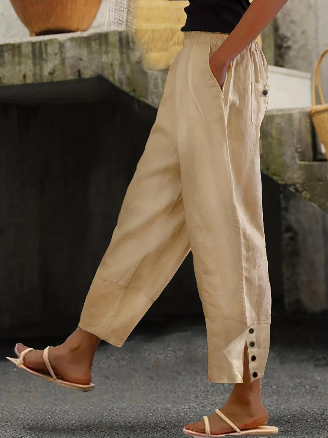 Plus Size Wide Leg Pants with Pockets Camel