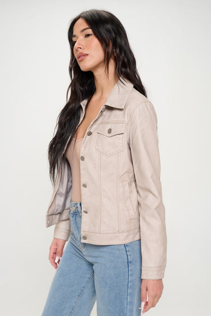 Women's Vegan Leather Button-Down Cargo Shacket Cream