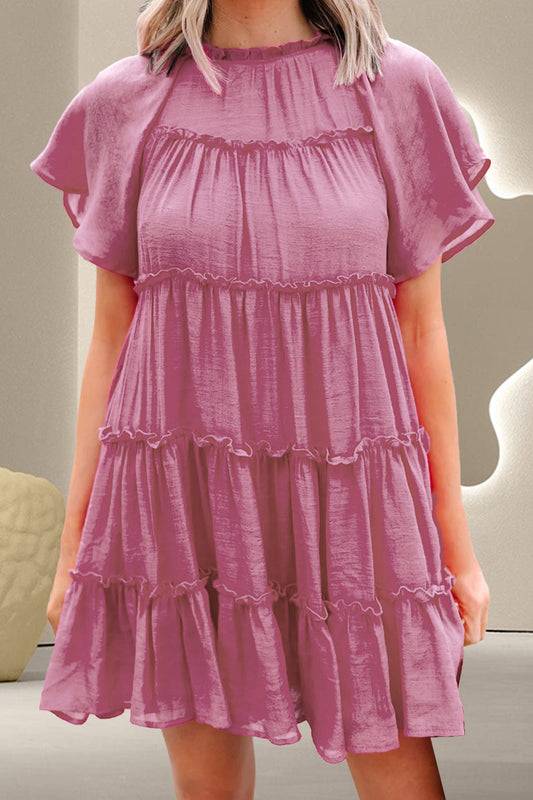 Frill Round Neck Short Sleeve Mini Dress Dusty Pink