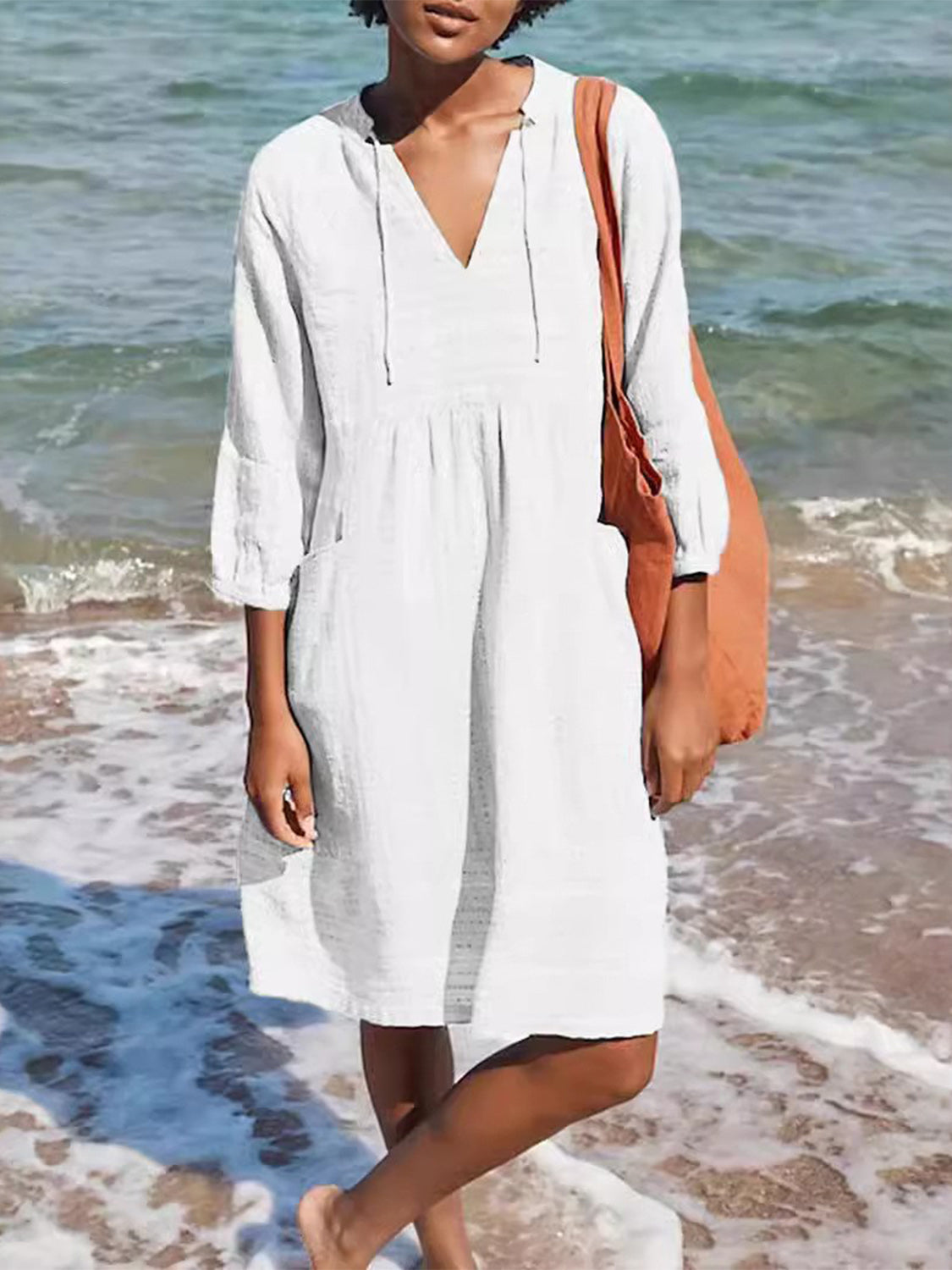Full Size Tied Three-Quarter Sleeve Mini Dress White