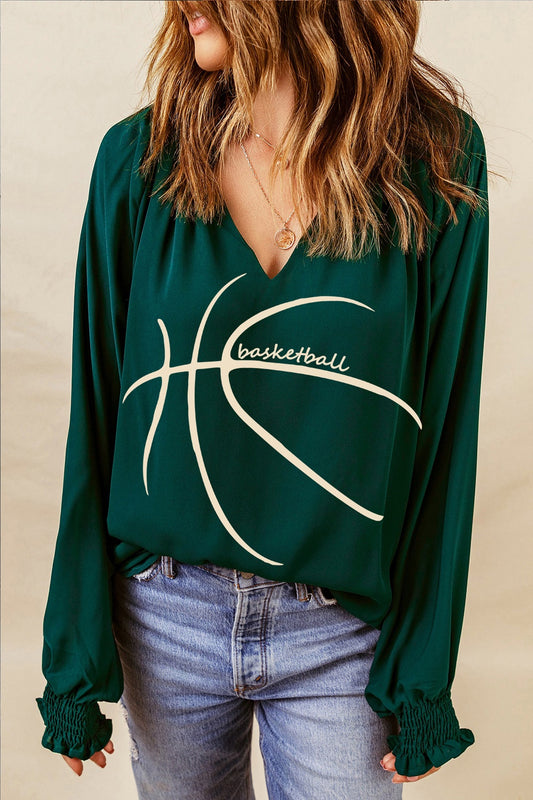 BASKETBALL Round Neck Smocked Long Sleeve Top Green