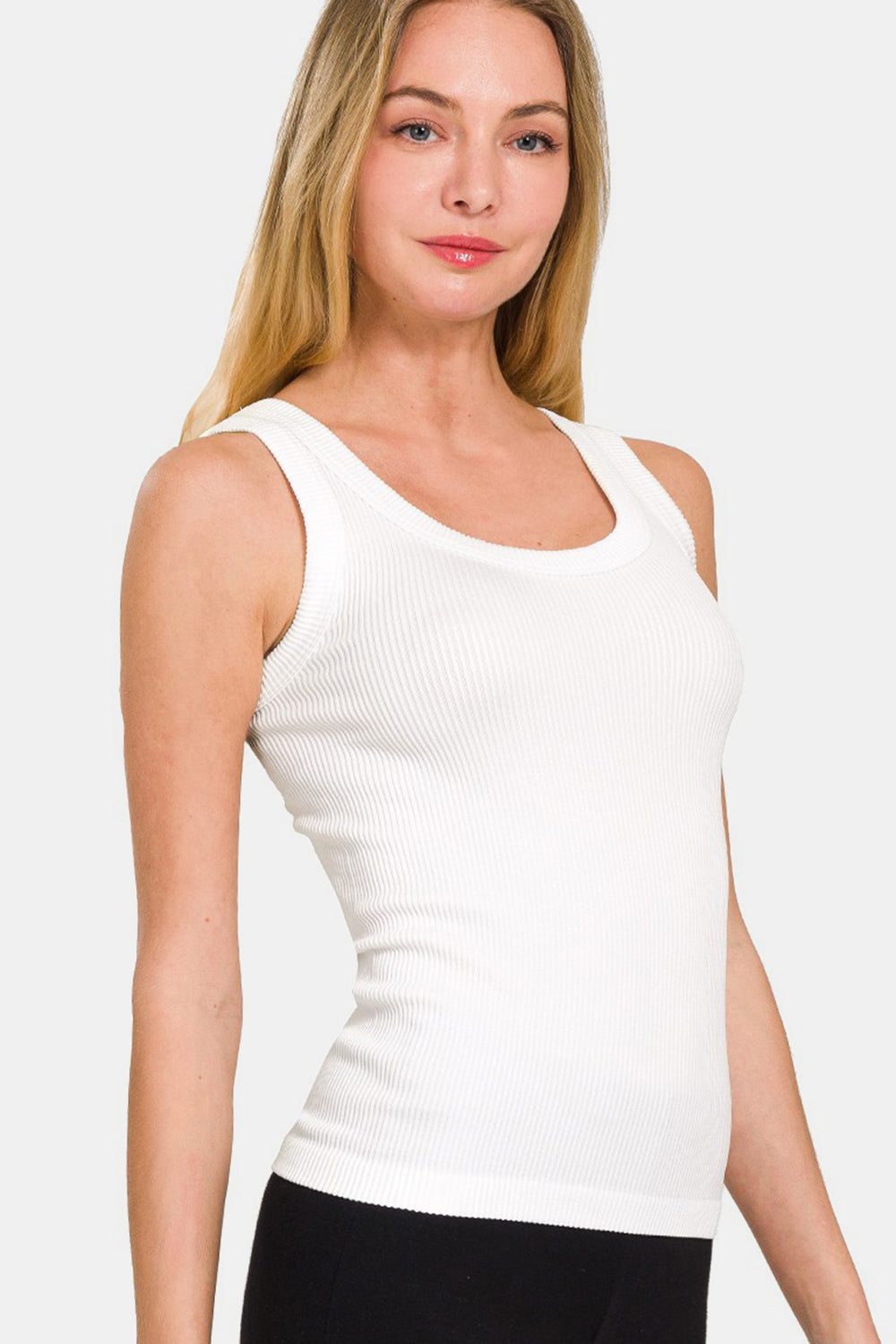 Zenana 2 Way Neckline Washed Ribbed Tank White