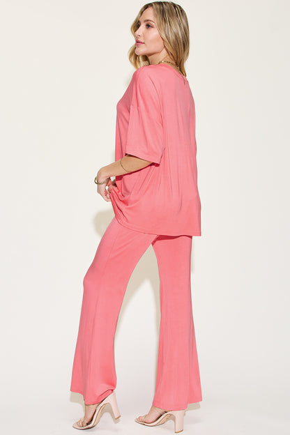 Comfy Bamboo Drop Shoulder Tee & Flare Pants Set