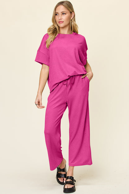 Textured Knit Top and Wide Leg Pant Set