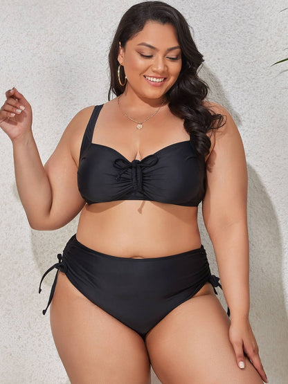 Plus Size Printed Drawstring Bikini Set Black