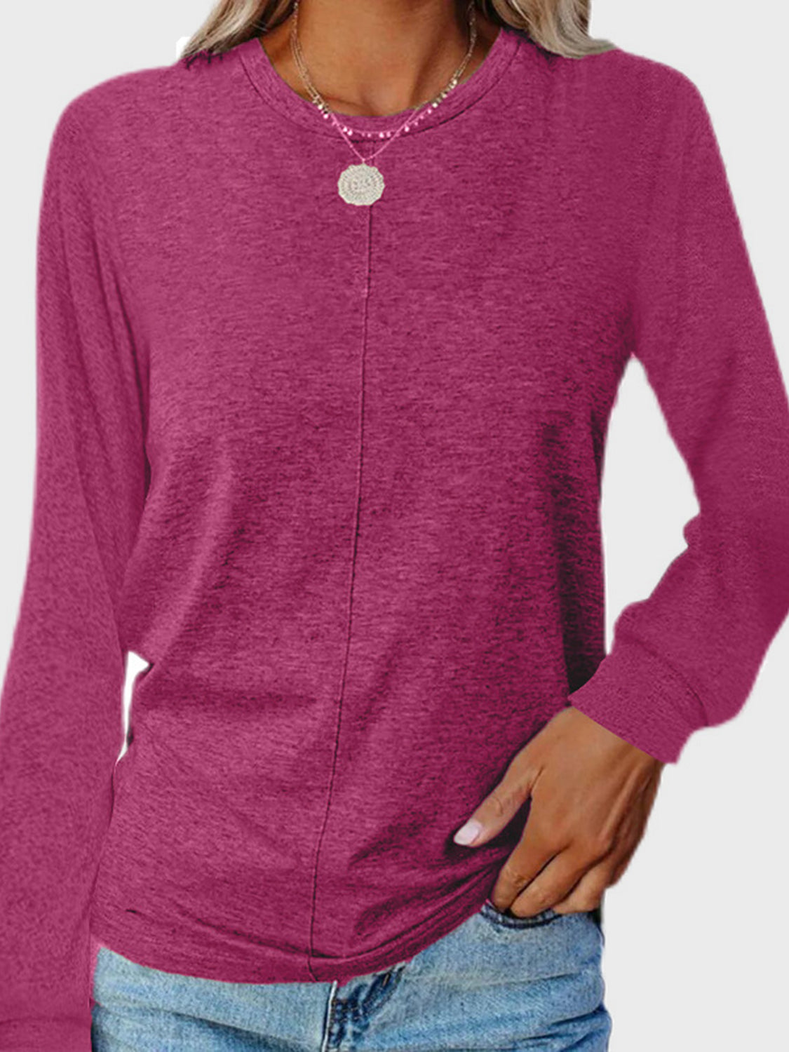 Full Size Round Neck Long Sleeve T-Shirt Deep Rose