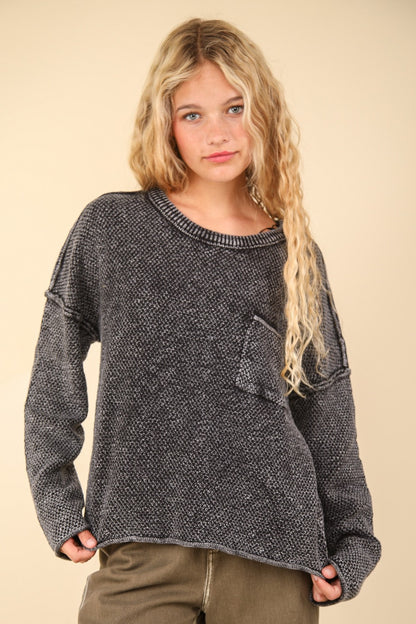 VERY J Mineral Washed Exposed Seam Sweater Black