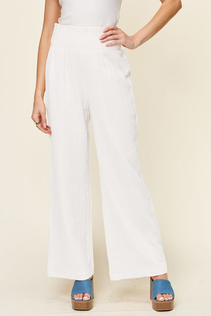 Textured Smocked Waist Wide Leg Pants White