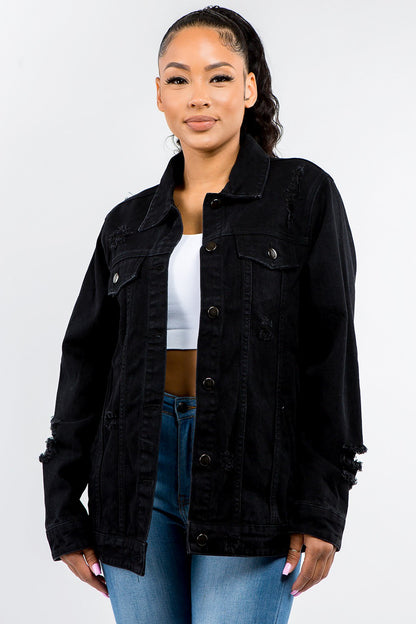 Women's Distressed Denim Button-Up Jacket Black