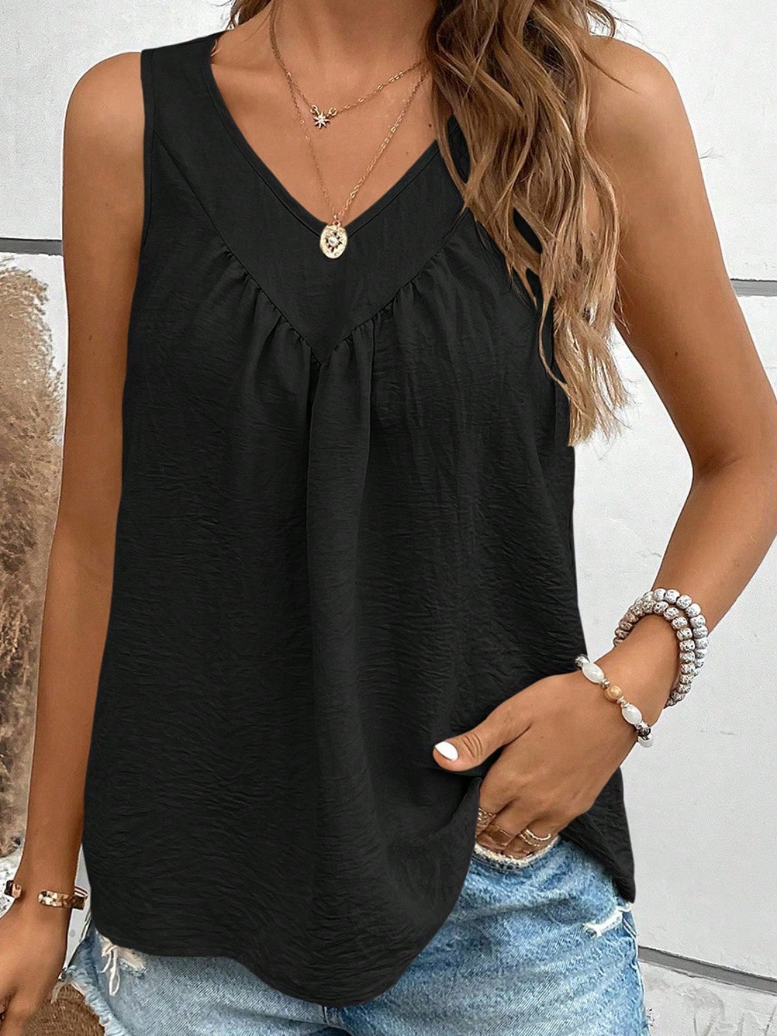 Ruched V-Neck Wide Strap Tank Black