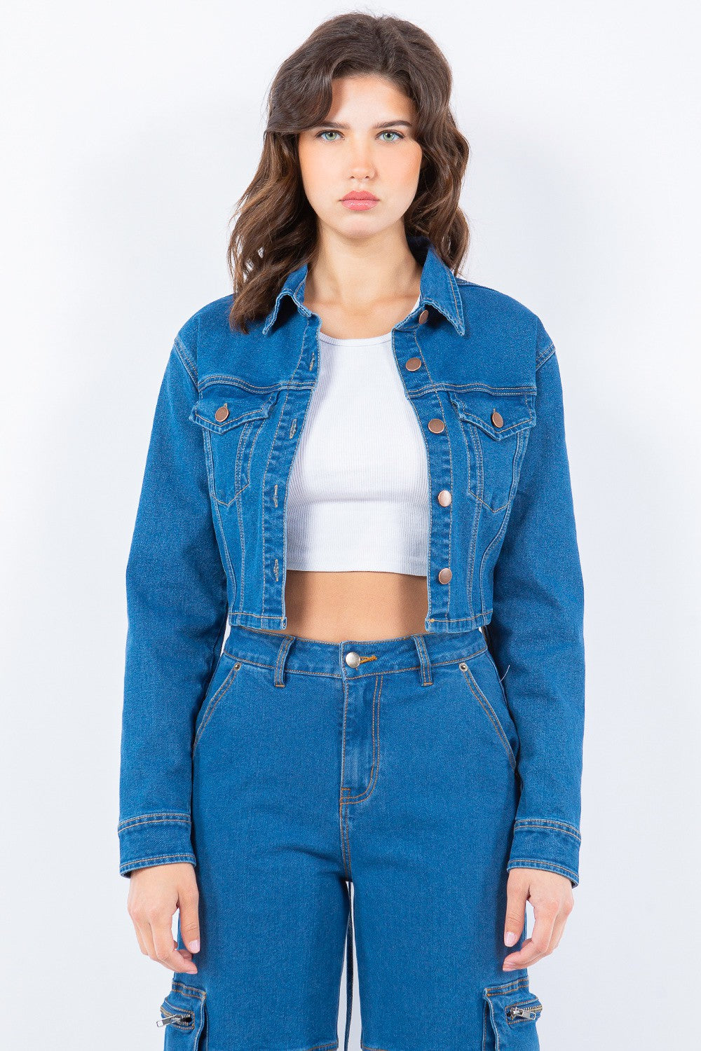 Women's Cropped Denim Jacket with Lace-Up Back Blue