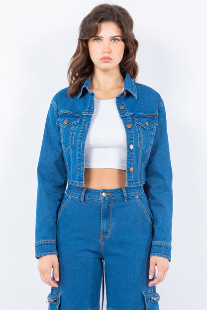 Women's Cropped Denim Jacket with Lace-Up Back Blue