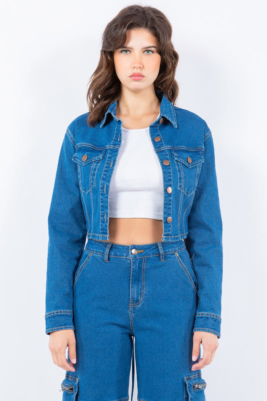 Women's Cropped Denim Jacket with Lace-Up Back Blue