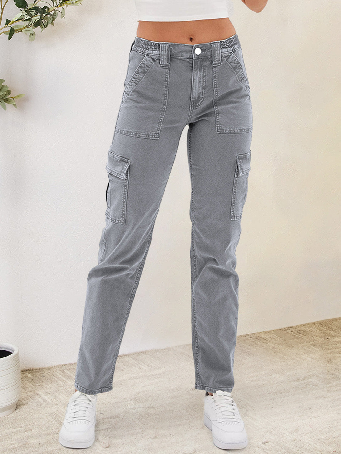Buttoned Straight Jeans with Cargo Pockets Dark Gray