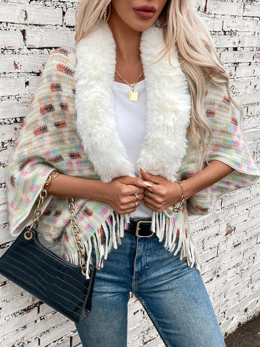 Fringe Fuzzy Open Front Poncho Cream One Size