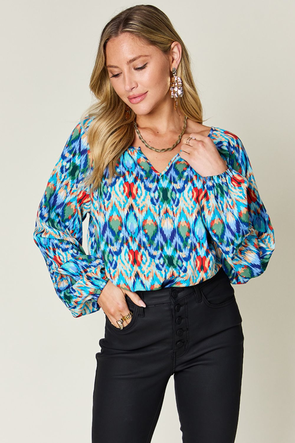 Opaque Printed Balloon Sleeve Top Sky Blue