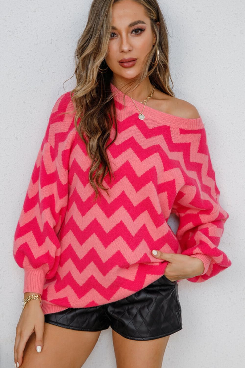 Angel Wings Chevron Lantern Sleeve Tunic Sweater Fuchsia