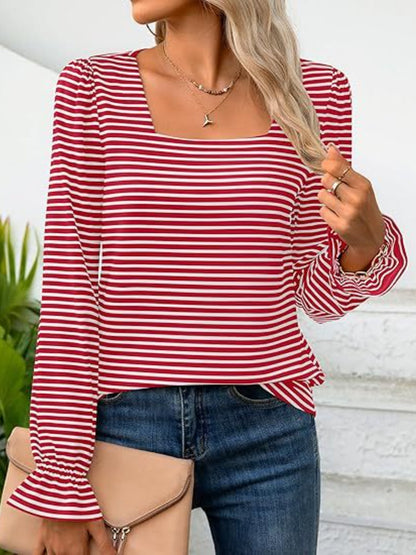 Striped Square Neck Flounce Sleeve Top Deep Red