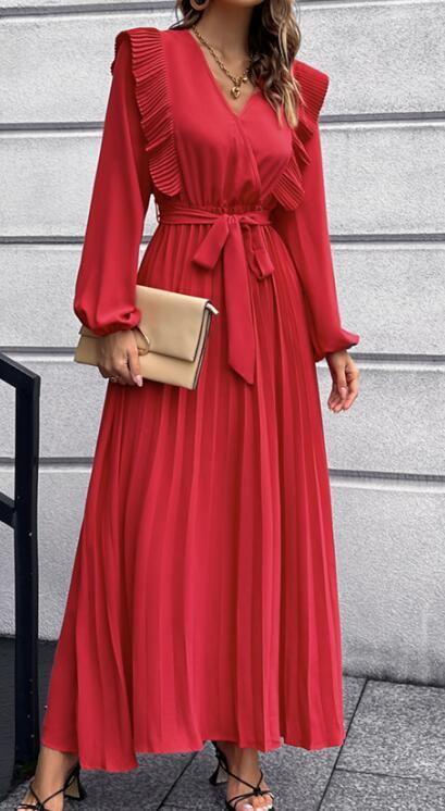 Women's temperament V-neck hem pleated dress Red