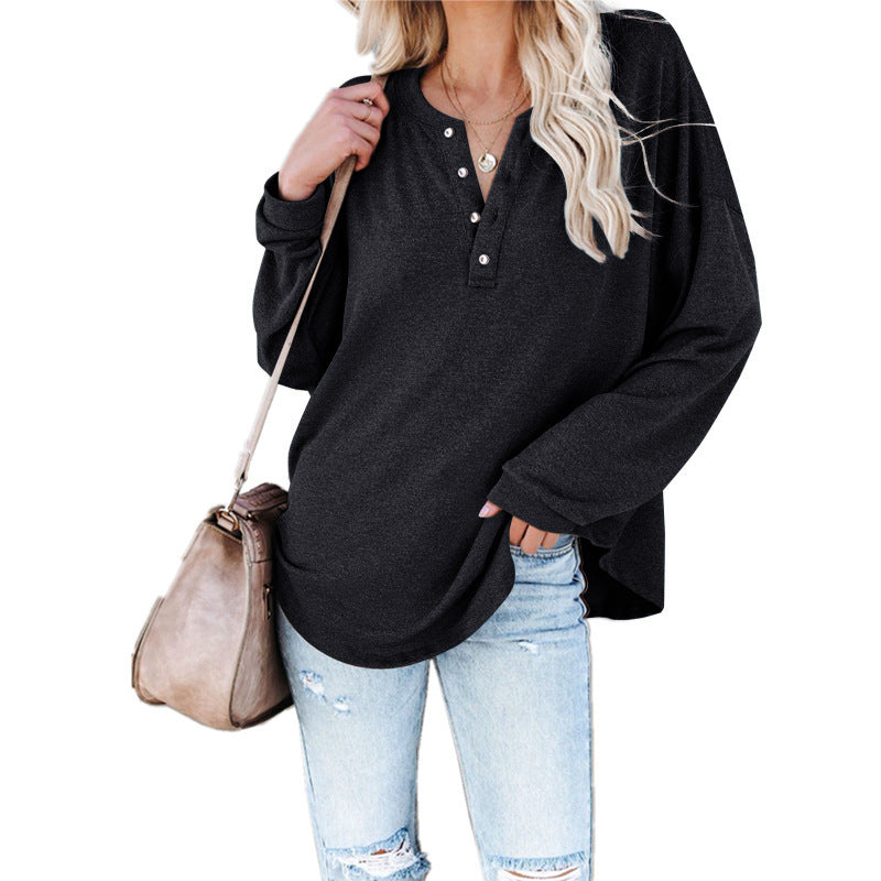 Women's Button V Neck Long Sleeve Knitted Top Black