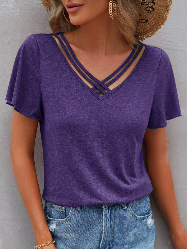 Women's Solid Color Ruffle Sleeve Short Sleeve Top T-Shirt Purple