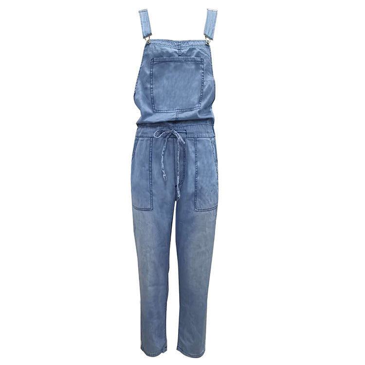 Denim Jumpsuit Loose Fashion Elastic Mid Waist Jumpsuit Women's Pants Purplish blue navy