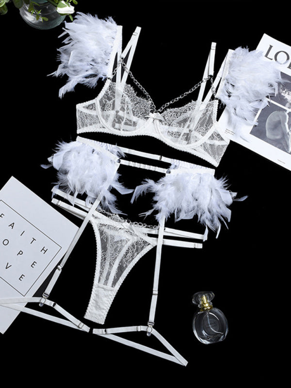 Sexy Lace Feather Lingerie Set White