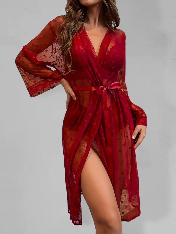 Women's Sexy Mesh See-Through Pajamas Four-Piece Set Wine Red